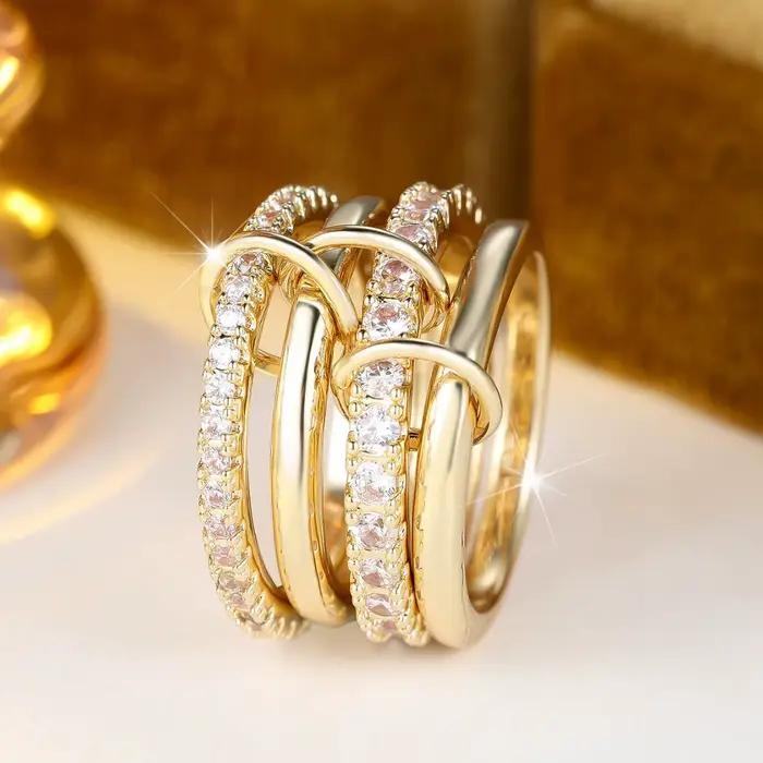 Bague en Zircon plaqué or 18 carats design futuriste pour homme et femme avec pierres précieuses en blanc, rouge, noir et vert pour toutes les occasions sociales et professionnelles