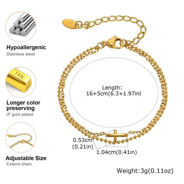 Bracelet croix double couche en acier inoxydable plaqué or, chaîne à maillons, bijou de prière pour femmes, cadeau pour occasions spéciales, mariage, anniversaire, Noël