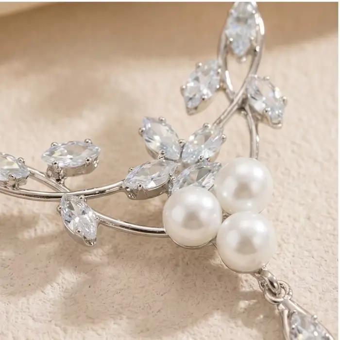 Ensemble de bijoux pour femmes, 2 pièces, collier et boucles d'oreilles de luxe en zircone et perles, accessoires de bijoux pour fête, bal, mariage, cadeau