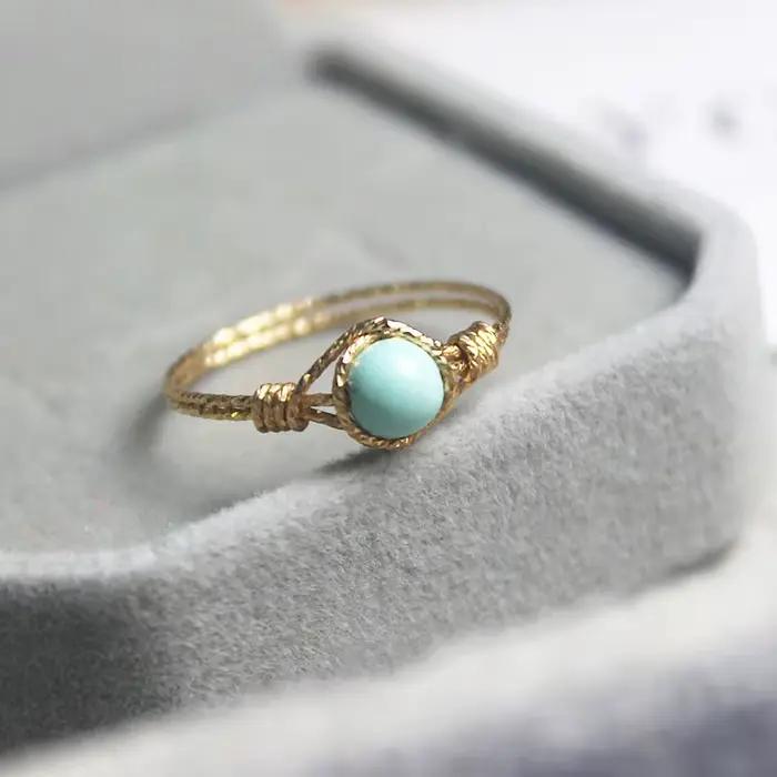 Bague en or naturel Turquoise 14K pour femmes, bijoux faits à la main, style Boho minimaliste