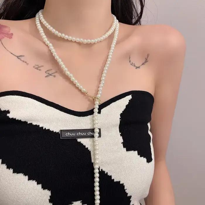 Collier de perles rétro pour femmes, méthode d'usure Multiple exagérée, Long collier