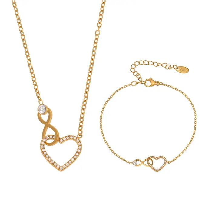 Ensemble de bijoux collier et bracelet pour femmes en acier inoxydable plaqué or design cœur et infini pour offrir