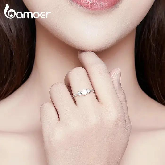Bamoer-Bague de fiançailles en argent massif pour femme
