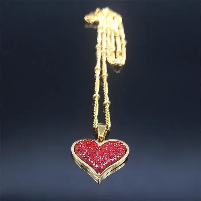 Mode amour coeur rouge en acier inoxydable cristal collier à breloques couleur or petits colliers bijoux