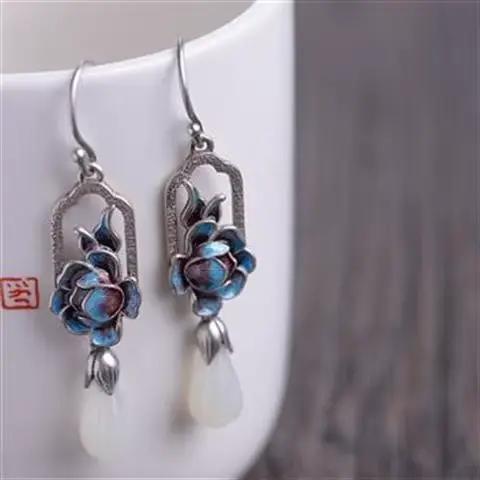Boucles d'oreilles en porcelaine émaillée de Magnolia blanche Hetian naturelle, breloque bohème chinoise, bijoux de marque en argent pour femmes