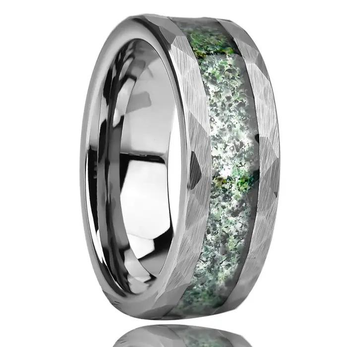 Bague en tungstène martelé avec incrustation d'agate blanche, bijou de mode pour homme et femme, alliance résistante et élégante pour mariage et événements spéciaux