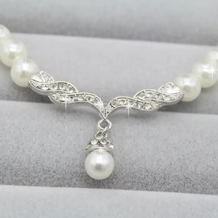 3 pièces/ensemble femmes mariée élégante fête de mariage perle strass collier boucles d'oreilles ensemble de bijoux nouvelle mode