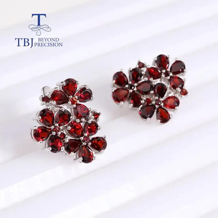 Boucles d'oreilles pendantes en argent sterling 925 avec grenat rouge naturel forme fleur pour femme élégante et raffinée