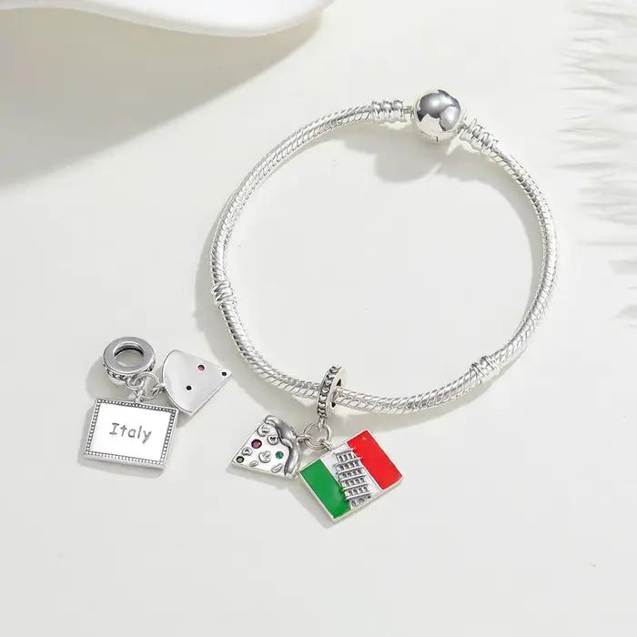 Breloque en argent sterling 925, pendentif drapeau italien pizza, compatible bracelet DIY pour femme, bijoux élégants et tendance, cadeaux de remise de diplôme et de voyage