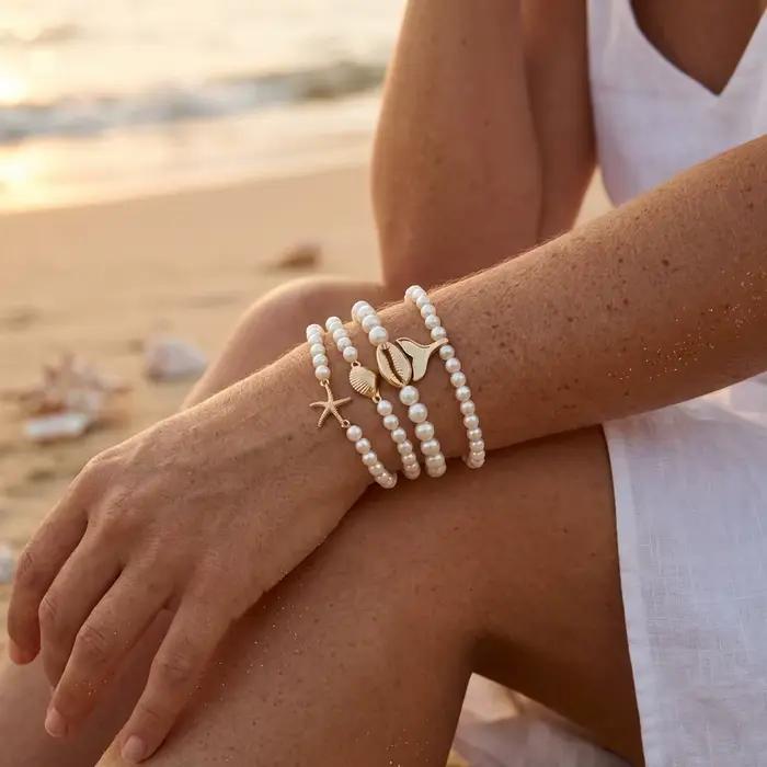 Ensemble de bracelets extensibles Boho pour femme, imitation perles, couleur or, avec breloques coquillages et étoiles de mer, style surfiste, cadeau
