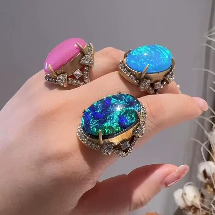 Bague Vintage en opale rouge Rose, couleur or, strass, qualité, cadeaux de luxe de styliste pour femmes, accessoires de mariage, nouveau bleu vert 2025