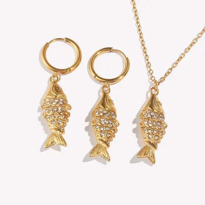 E.B.belle strass Koi poisson collier boucle d'oreille ensemble de bijoux en acier inoxydable mignon mode Animal charme étanche plaqué or 18 carats