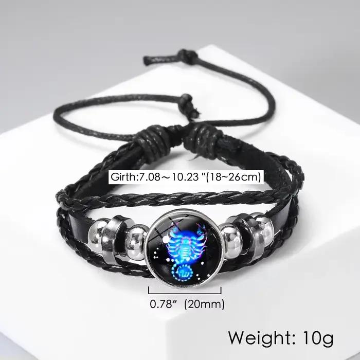 Bracelet Lumineux Signes du Zodiaque 12 Constellations Homme Femme Vintage Multicouche en Cuir Enroulé Cadeau Pulsera Hombre