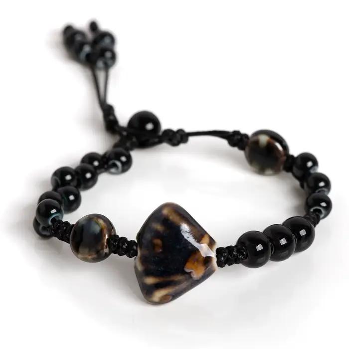 Bracelet festonné en céramique fait main, réglable, vintage, perles noires, bijoux minimalistes pour