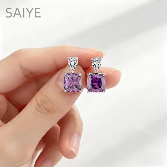 Boucles d'oreilles pendantes en cristal violet pour femmes, zircon taillé carré en forme de goutte d'eau, clous d'oreilles en argent 925, bijoux de mariée