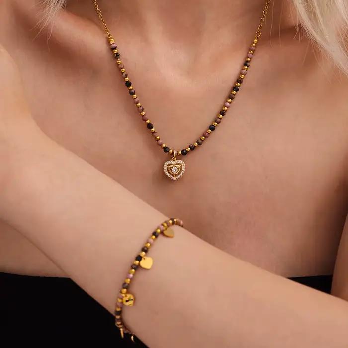 Collier et bracelet avec pendentif en forme de cœur en pierres naturelles pour femmes, plaqué or 18 carats, perles rondes en acier inoxydable, bijoux à breloques