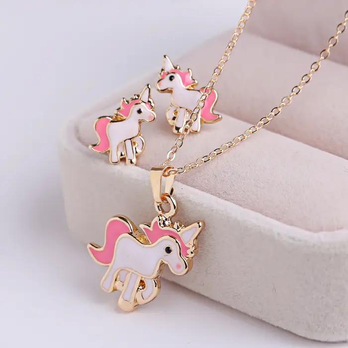 Joli ensemble de bijoux cheval Animal de dessin animé en émail pour femmes et filles, rose doux Colt