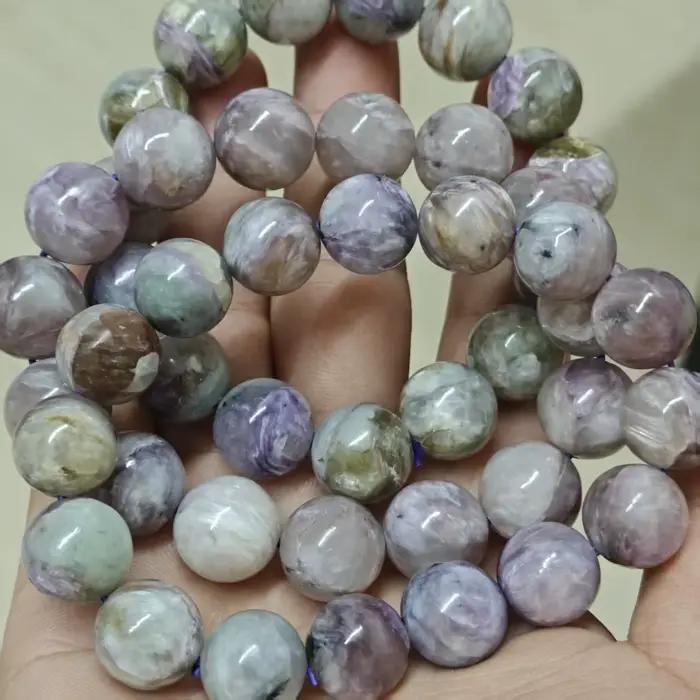 Perles de charoite naturelle lisses et rondes pour la fabrication de bijoux, bracelet en corde élastique, bijoux faits à la main