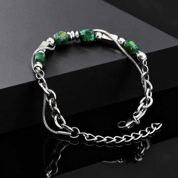 Bracelet en pierre naturelle verte à double chaîne en acier inoxydable pour homme, cadeau mode et durable pour les occasions spéciales