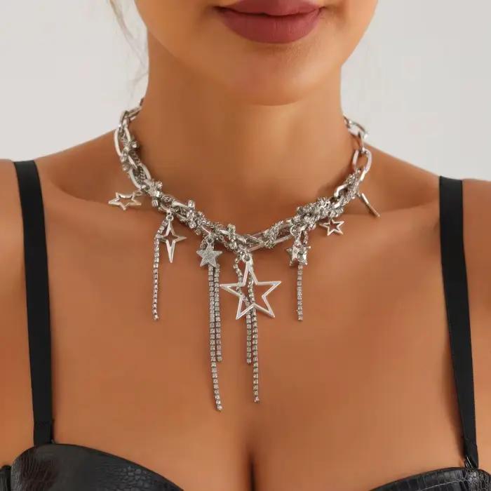 Multicouche Vintage étoile strass gland lien pendentif collier ras du cou créatif grande chaîne fête