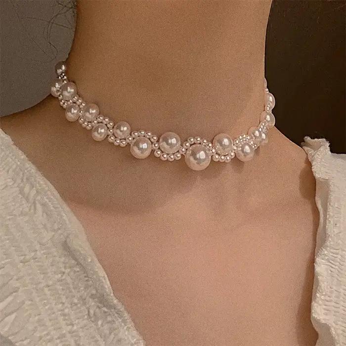 Collier en perles d'imitation style français avec nœud chaîne de clavicule de luxe léger pour mariée bijoux de fête et de mariage occasions spéciales