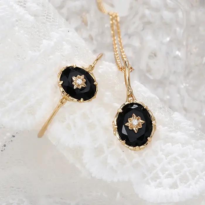 LAMOON bague en Agate noire naturelle pour femmes