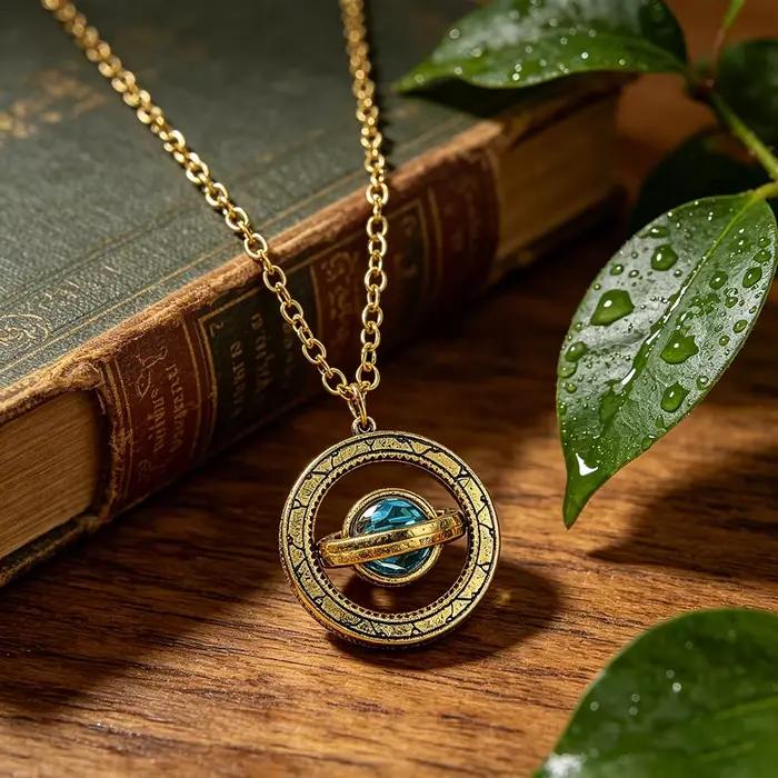 Collier Pendentif Planète Rotative Vintage en Or Antique avec Cristal Bleu, Bijou Saturne Rétro Tournant