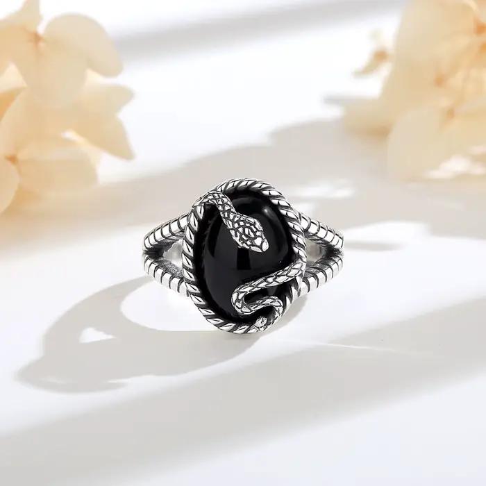 AEONSLOVE 925 bague serpent réglable en argent Sterling bague en obsidienne ovale Vintage bijoux païens cadeaux personnalisés pour hommes femmes