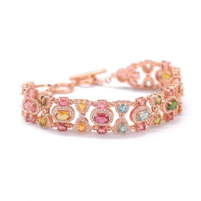 Ensemble de bracelet et bague en zircon multicolores de couleur or rose luxueux pour femmes et filles, accessoire de mariage élégant