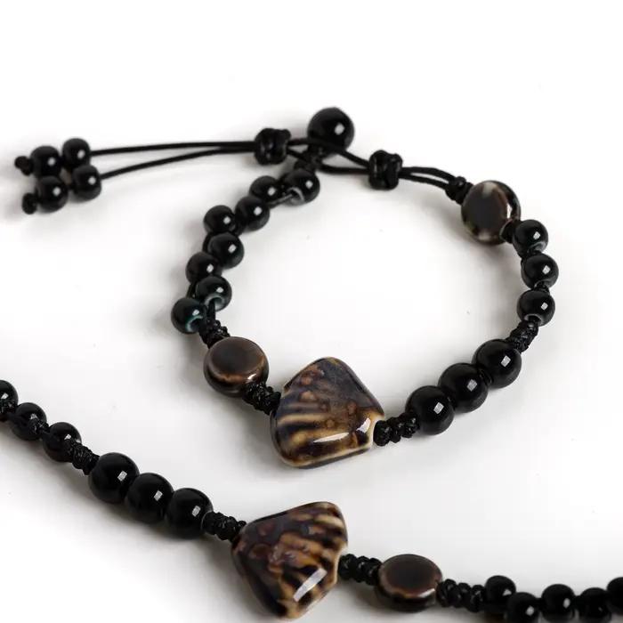 Bracelet festonné en céramique fait main, réglable, vintage, perles noires, bijoux minimalistes pour couples et cadeaux, 155