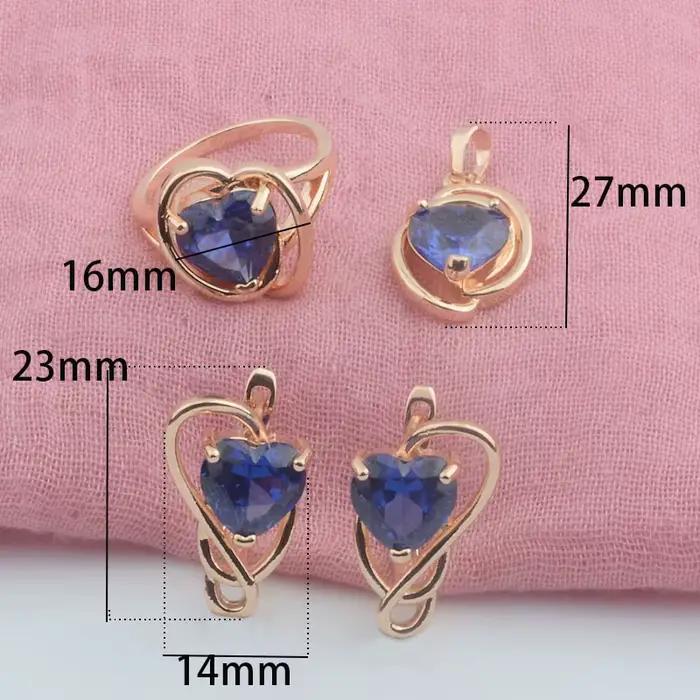 Ensemble de bijoux pour femmes, couleur or Rose, cœur bleu, Zircon cubique, pendentif et bagues, 585