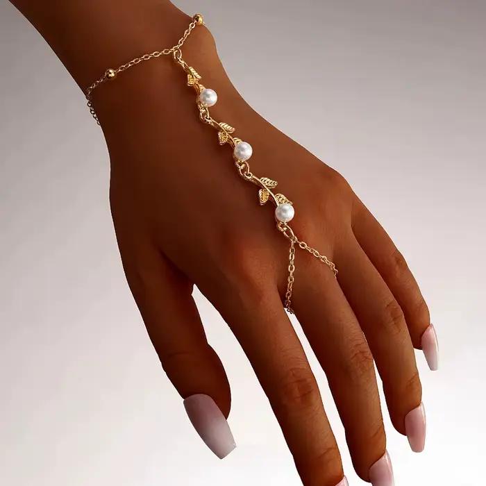 Bracelet de doigt pour femme, série Océan d'été, motif fleur, étoile de mer, perle, couleur or, bijou de main tendance pour les vacances, accessoire cadeau