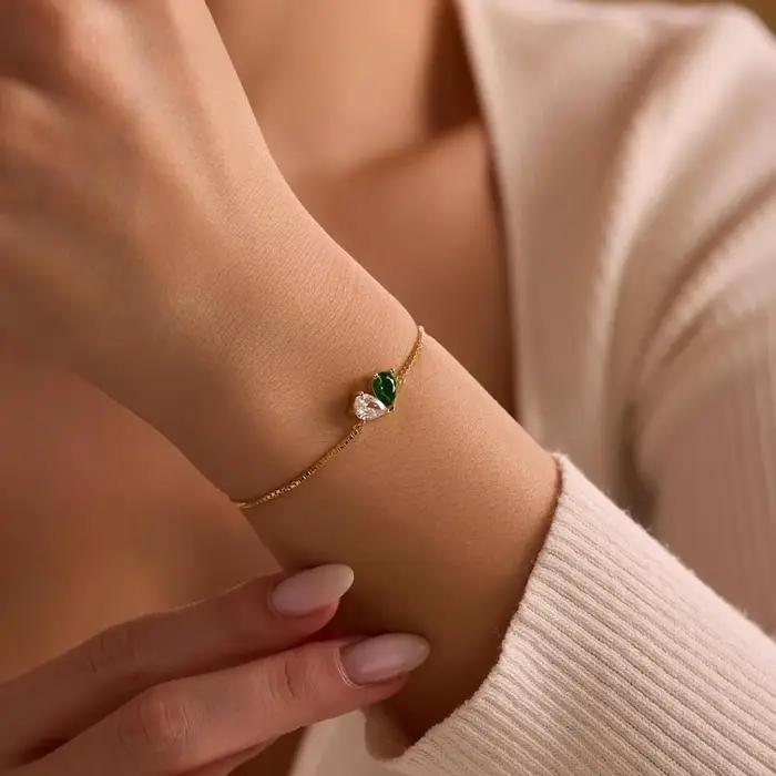 Bracelet personnalisé en acier inoxydable chaîne de boîte avec pierre géométrique tracker d'humeur pour femme