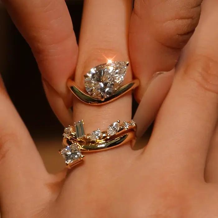 Ensemble de 3 bagues empilables style mode, design créatif, diamants étincelants incrustés en forme de goutte d'eau, pour femmes, bijoux ajustables