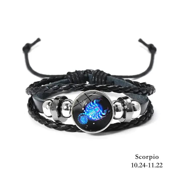 Bracelet Lumineux Signes du Zodiaque 12 Constellations Homme Femme Vintage Multicouche en Cuir Enroulé Cadeau Pulsera Hombre