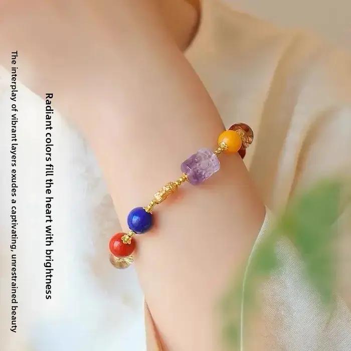 Duobao Bracelet naturel rouge du sud vert fantôme cheveux dorés cristal améthyste Lapis