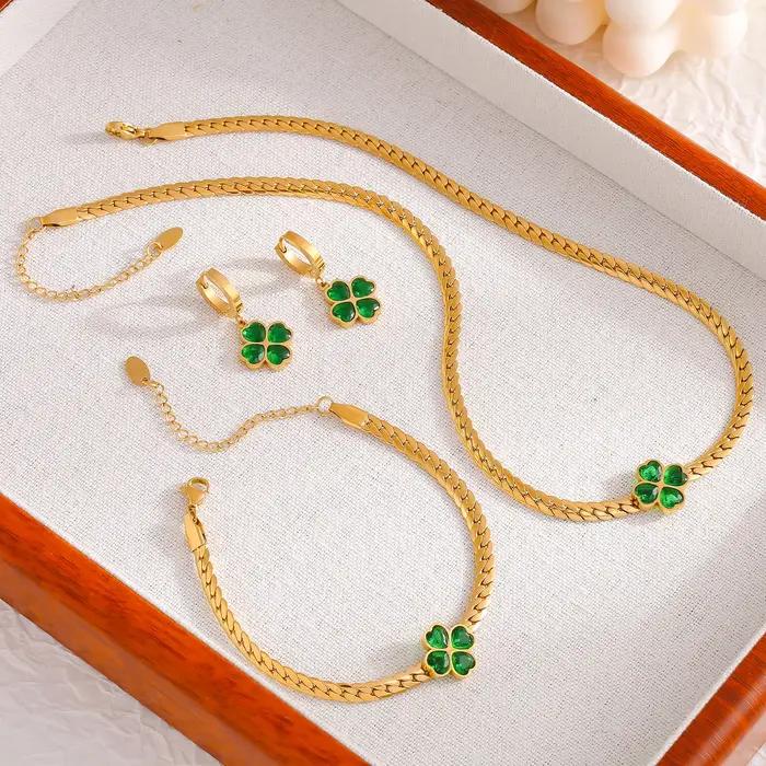Trèfle vert boucle d'oreille Bracelet collier pour femmes en acier inoxydable plaqué or 18 carats