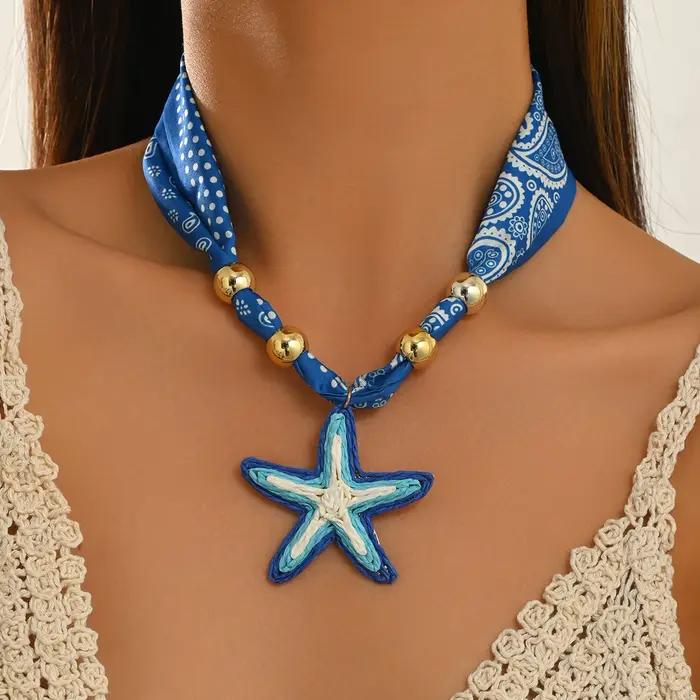 Collier ras du cou bandana bleu bohème pour femme, avec pendentif étoile de mer en raphia tressé et