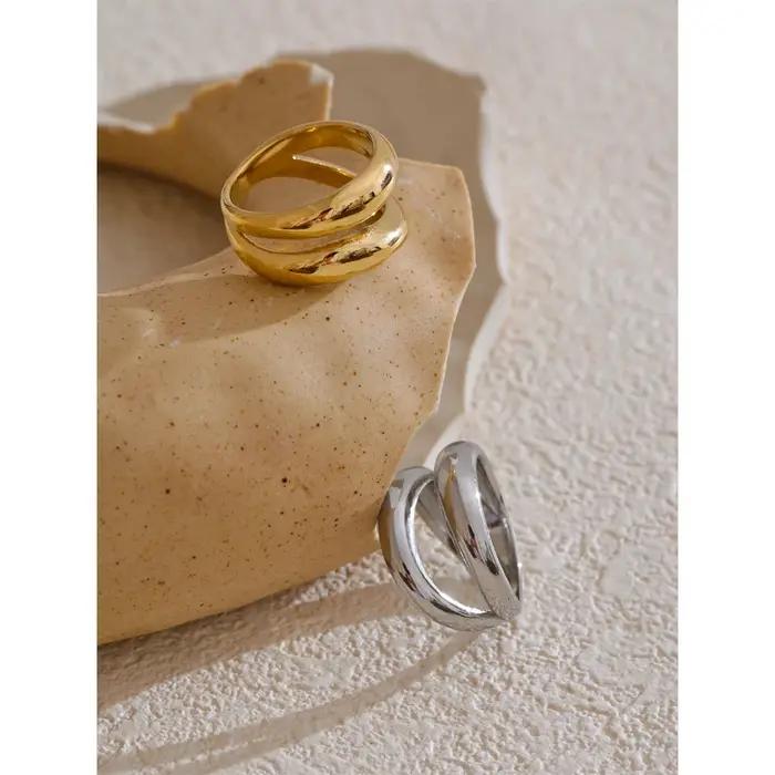Bague géométrique double couche en métal acier inoxydable or PVD pour femmes soirée style mode occasions spéciales