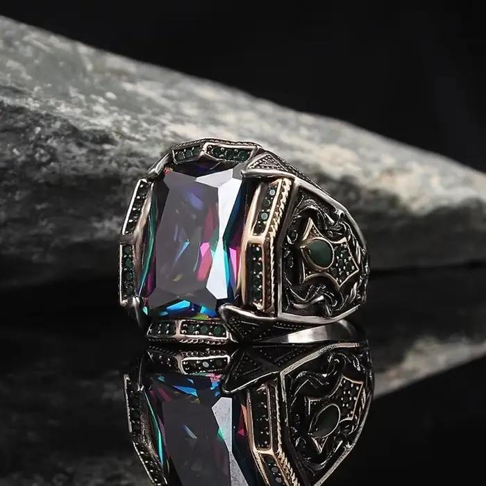 Bague Totem mystérieux turc Vintage fait à la main pour hommes, couleur argent antique, bague de fiançailles, de mariage, bijoux de fête, cadeau d'anniversaire