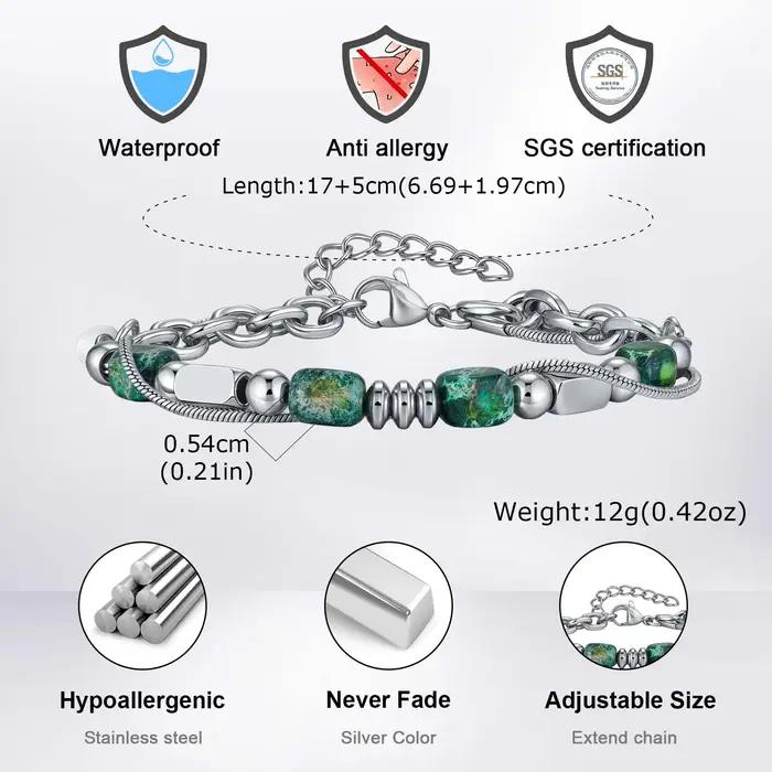 Bracelet en pierre naturelle verte à double chaîne en acier inoxydable pour homme, cadeau mode et durable pour les occasions spéciales
