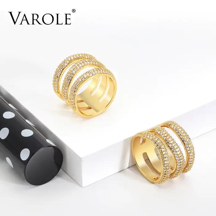 VAROLE-Bague en cristal à 3 couches pour femme, bijoux fantaisie, cadeaux pour amis, mignon, document doré
