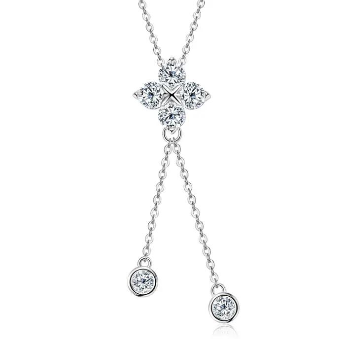 Collier pendentif fleur trèfle à quatre feuilles en moissanite D1.40CT, en argent 925 véritable à 100 %, avec longue pampille, pour femme, bijou de charme, cadeau