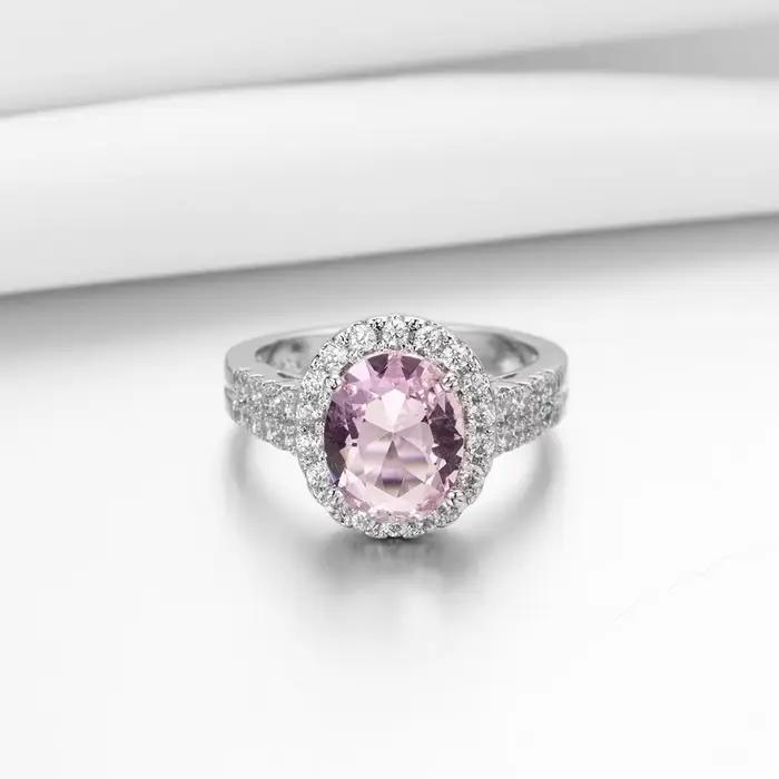 Bague de fiançailles pour femme en argent sterling 925 géométrique avec pierres en zirconium rose pour engagement romantique