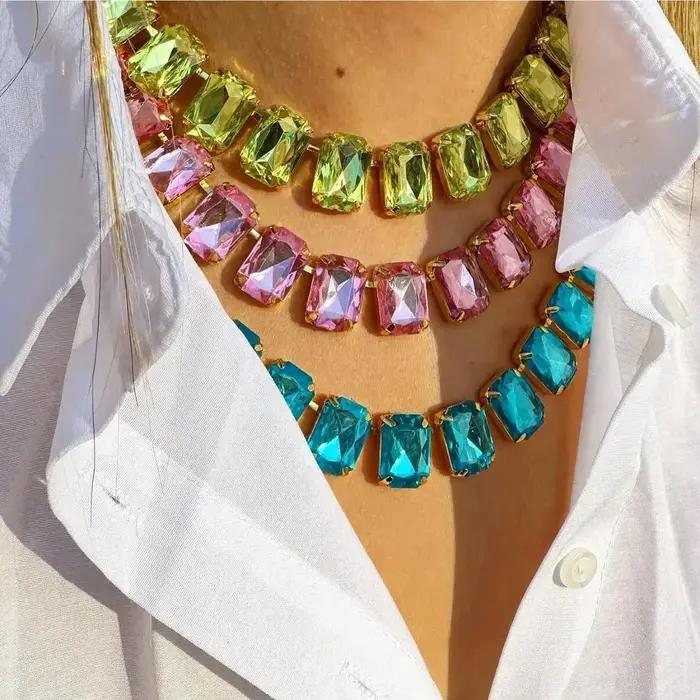 Collier en cristal rose bleu brillant réglable pour femmes grandes occasions spéciales soirée vintage mode