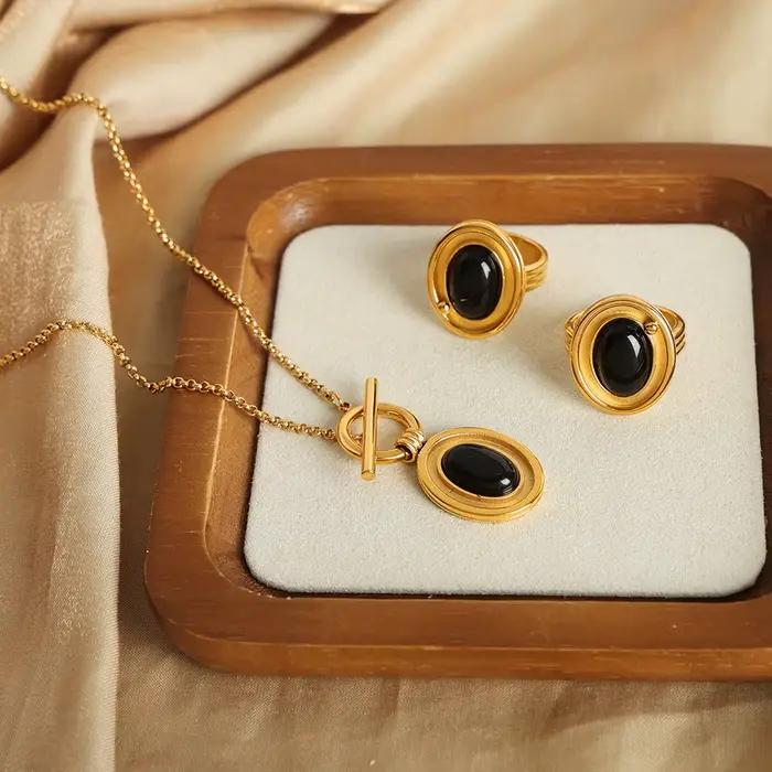 Ensemble de bijoux pendentif en agate noire pour femme