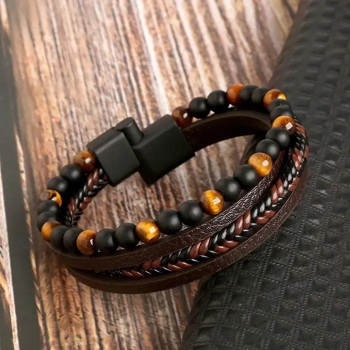 Bracelet en cuir classique oeil de tigre perlé multicolore pour hommes occasions spéciales cadeau