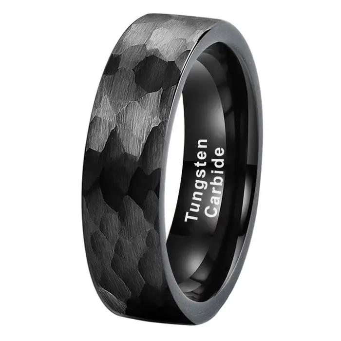 Bague en carbure de tungstène martelé noir pour hommes et femmes, alliance de fiançailles, mode