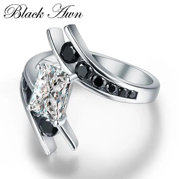 Beaux bijoux 100% véritable 925 en argent Sterling rangée de pierres noires bagues de fiançailles