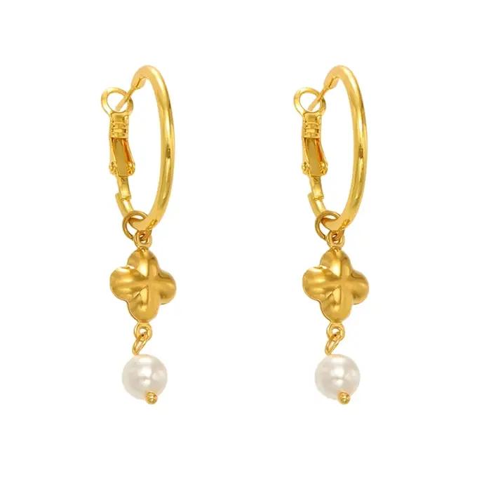 Liora Chic Imitation perle croix boucles d'oreilles pour femmes PVD plaqué or en acier inoxydable hypoallergénique boucles d'oreilles bijoux